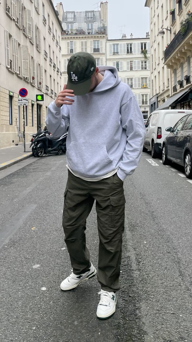 Gray hoodie with olive green cargo pants